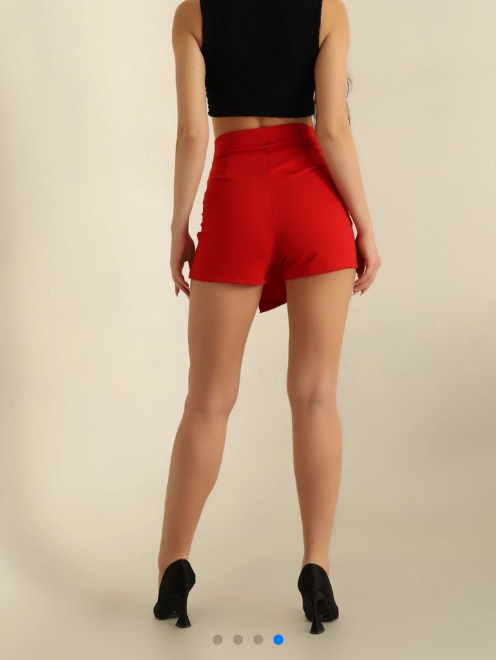 Kırmızı Mini Asimetrik Şort Etek - Görsel 3