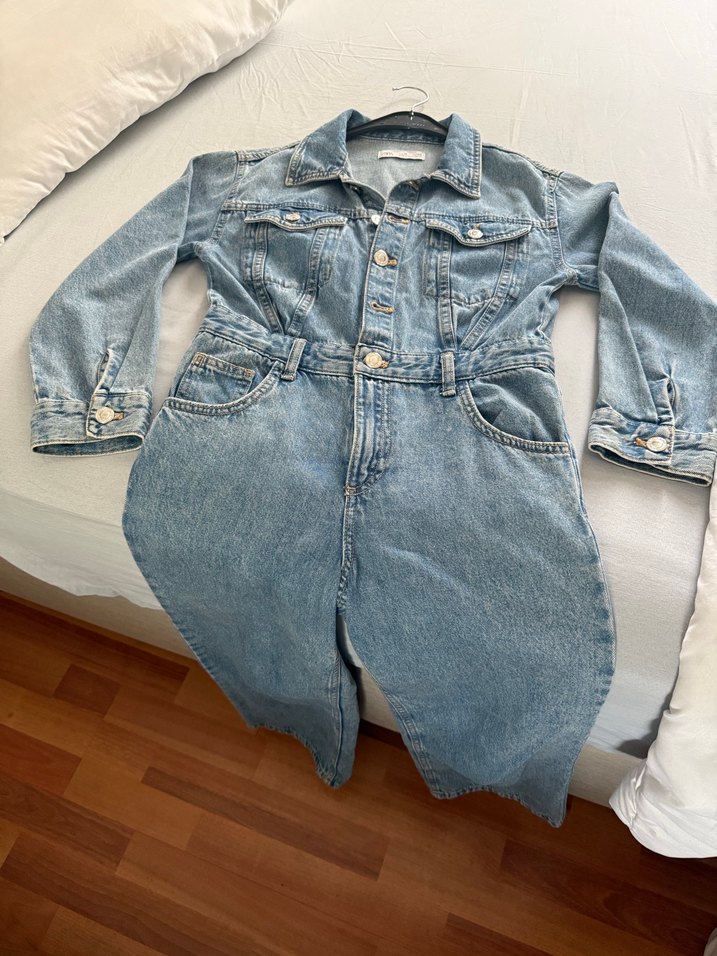 Düğmeli Mavi Kız Çocuk Denim Tulum - Görsel 2
