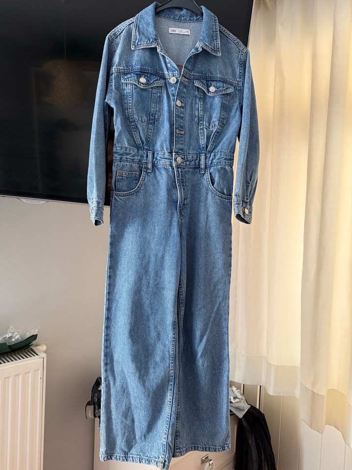 Düğmeli Mavi Kız Çocuk Denim Tulum - Görsel 3