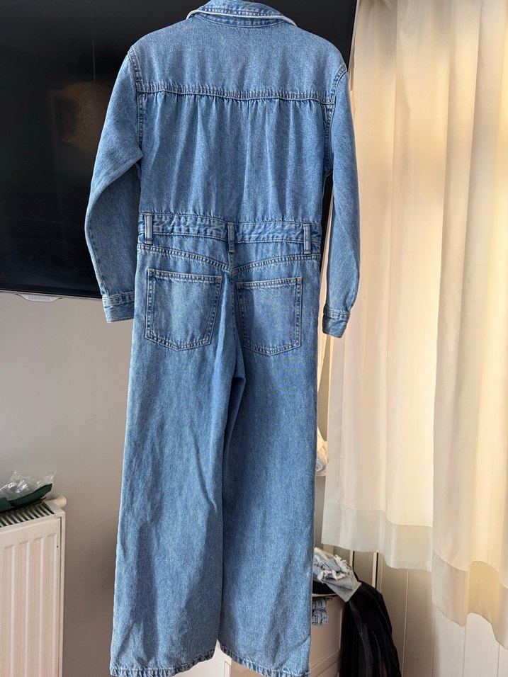 Düğmeli Mavi Kız Çocuk Denim Tulum - Görsel 4