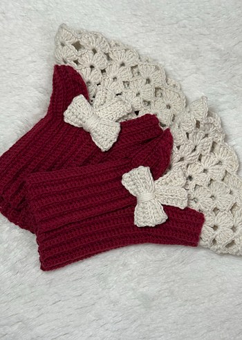 Bordo Örgü Kadın Vintage Eldiven&Bileklik - Görsel 3