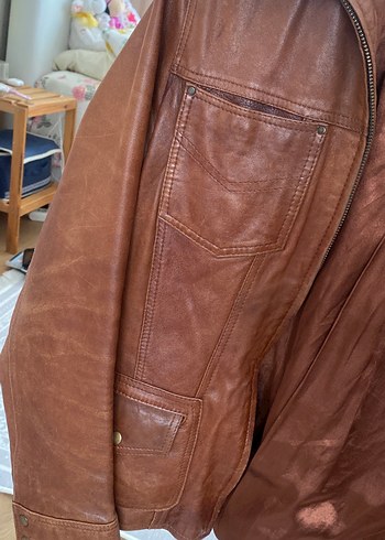 40 Beden Kahverengi Vintage hakiki Deri Kadın Ceket