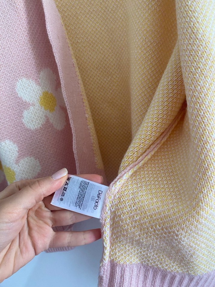 Defacto Pembe Çiçek Desenli Örgü Kadın Hırka - Görsel 5