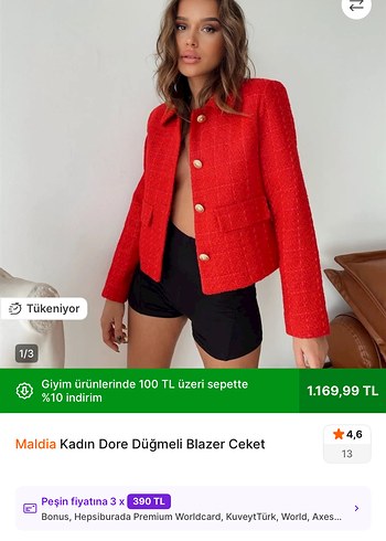 Maldia Kadın Kısa Kırmızı Düğmeli Blazer Ceket