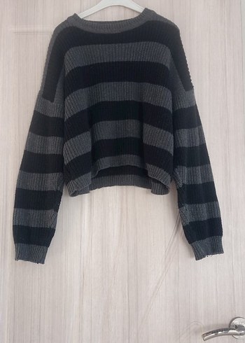 Trendyol & Milla Gri Çizgili Oversize Örgü Kadın Kazak