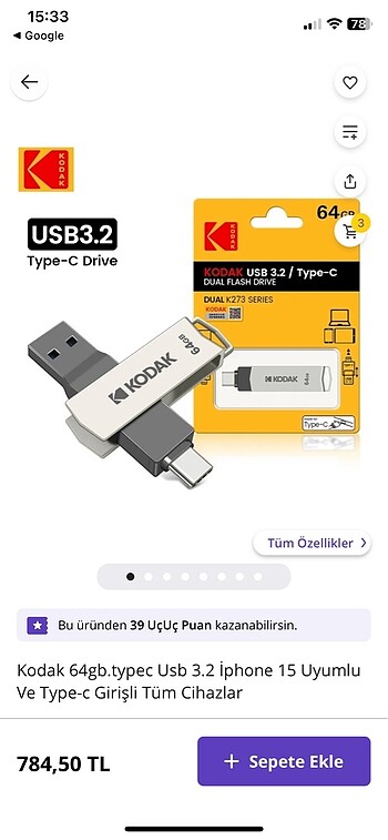  Beden Renk Kodak orijinal usb bellek 64 gb fyt performans