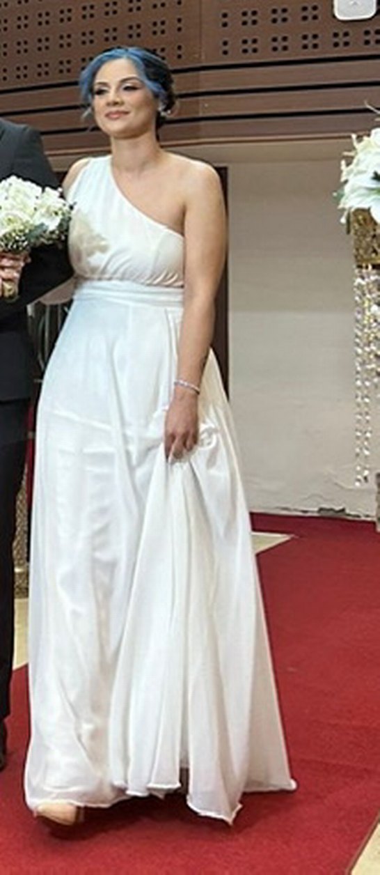 Beyaz Drapeli Uzun Tek Omuz Abiye Nikah elbisesi - Görsel 4