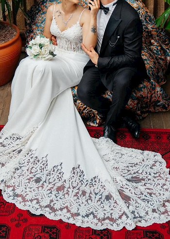 Modern Klasik V Yaka Beyaz Gelinlik - Görsel 2