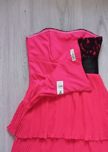 Piliseli Straplez Midi Pembe Abiye Elbise - Görsel 11