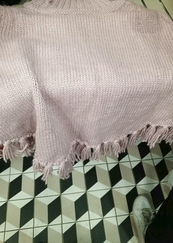 Kız Çocuk Kapüşonlu Pembe Örgü Panço - Görsel 3