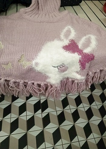 Kız Çocuk Kapüşonlu Pembe Örgü Panço - Görsel 2