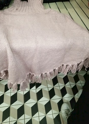 Kız Çocuk Kapüşonlu Pembe Örgü Panço - Görsel 4