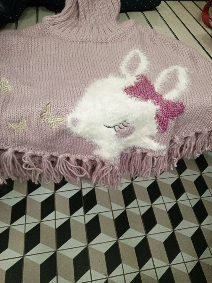 Kız Çocuk Kapüşonlu Pembe Örgü Panço - Görsel 2