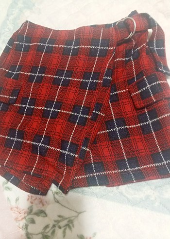 Kemerli Kırmızı Ekose Mini Etek - Görsel 2