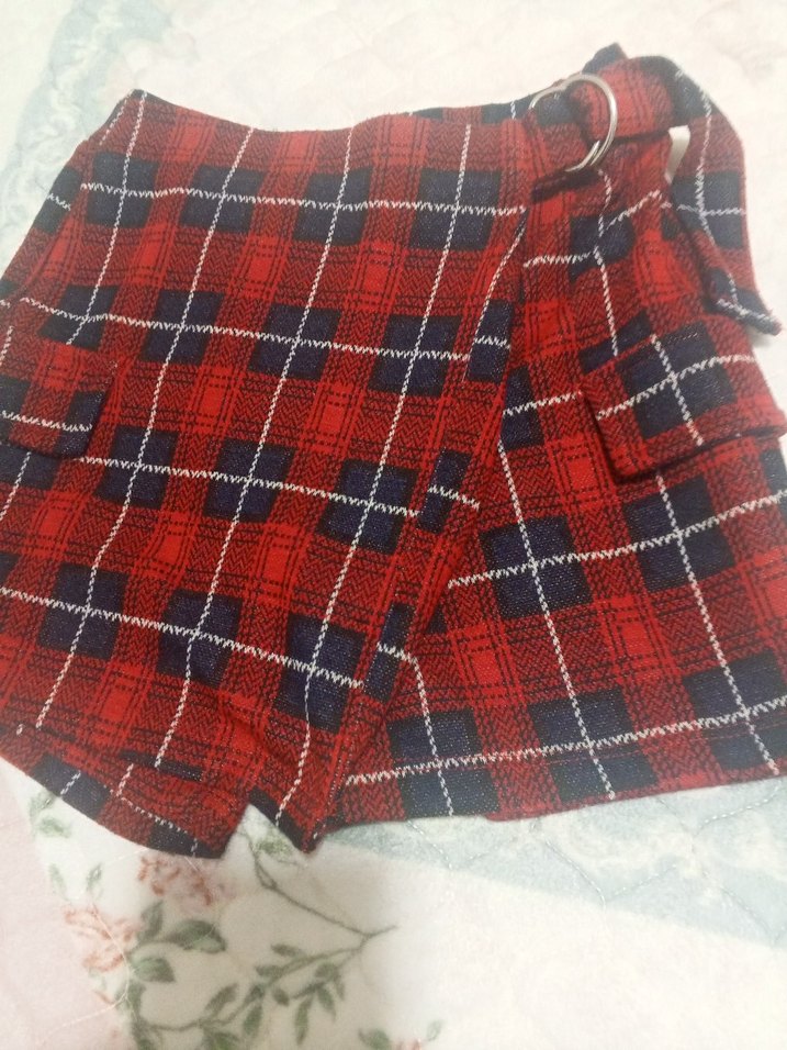 Kemerli Kırmızı Ekose Mini Etek - Görsel 2