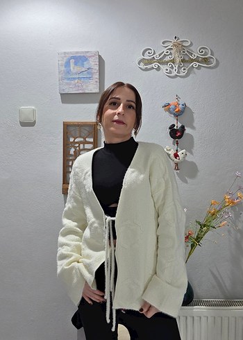 Beyaz Midi Triko Kadın Hırka - Görsel 2