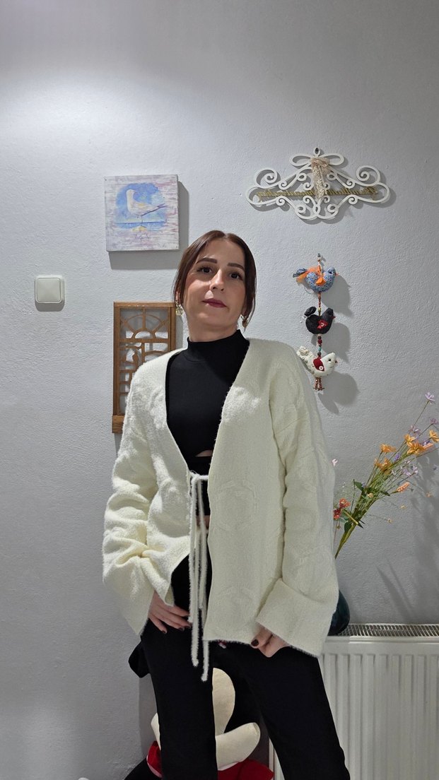 Beyaz Midi Triko Kadın Hırka - Görsel 2