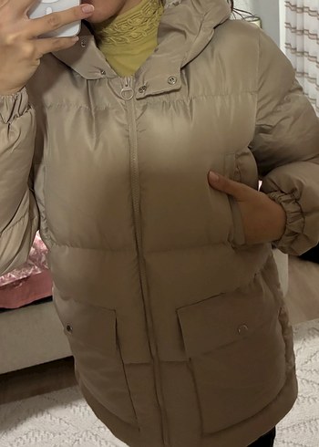 Bej Kışlık Kadın Mont, Orta Boy, Düğmeli - Görsel 2