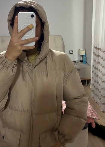 Bej Kışlık Kadın Mont, Orta Boy, Düğmeli - Görsel 3