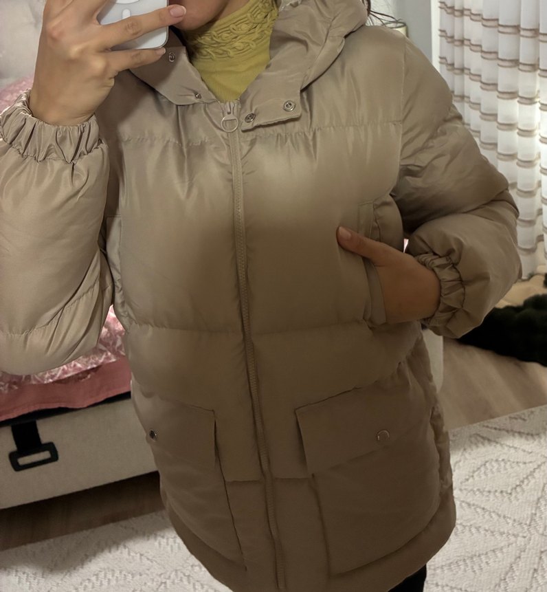 Bej Kışlık Kadın Mont, Orta Boy, Düğmeli - Görsel 2