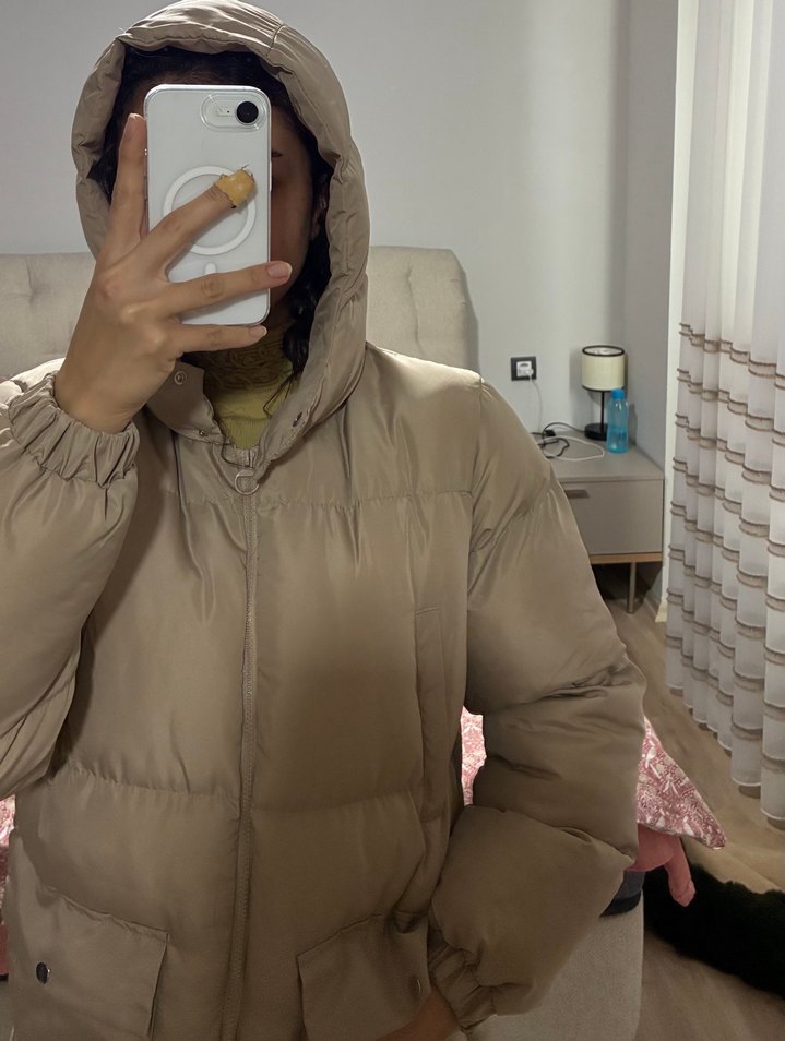 Bej Kışlık Kadın Mont, Orta Boy, Düğmeli - Görsel 3