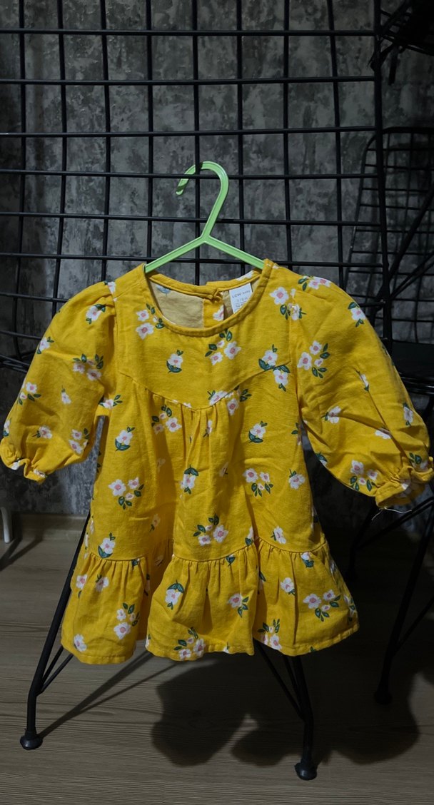 Sarı Çiçekli Uzun Kollu Kız Elbise - Görsel 2