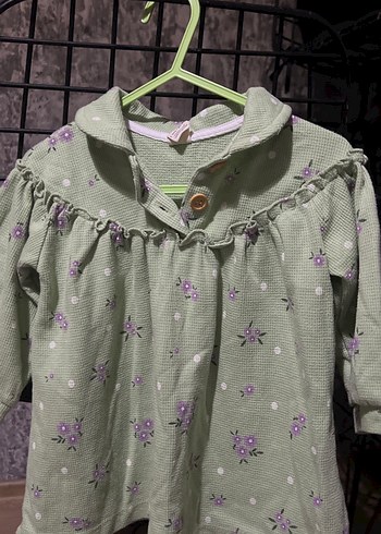 Yeşil Çiçekli Kız Çocuk Uzun Kollu Keten Elbise - Görsel 2