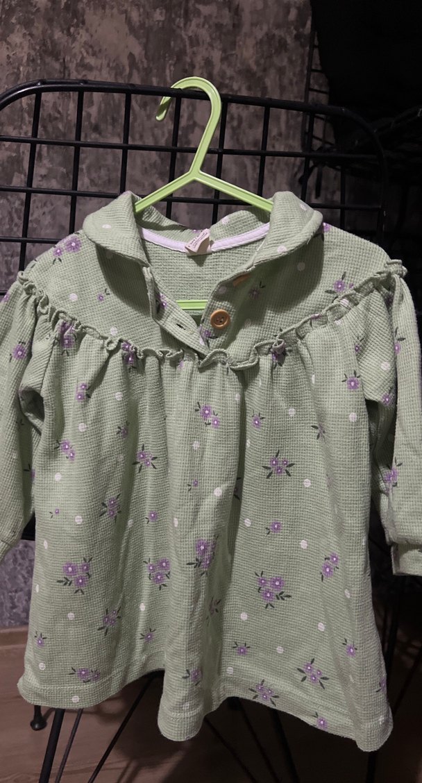 Yeşil Çiçekli Kız Çocuk Uzun Kollu Keten Elbise - Görsel 2