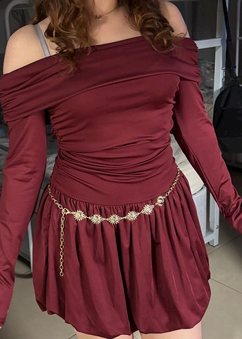 Bordo Straplez Uzun Kollu Balon Mini Elbise - Görsel 2