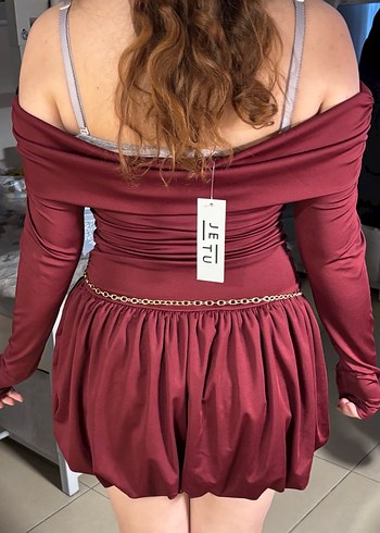 Bordo Straplez Uzun Kollu Balon Mini Elbise - Görsel 3