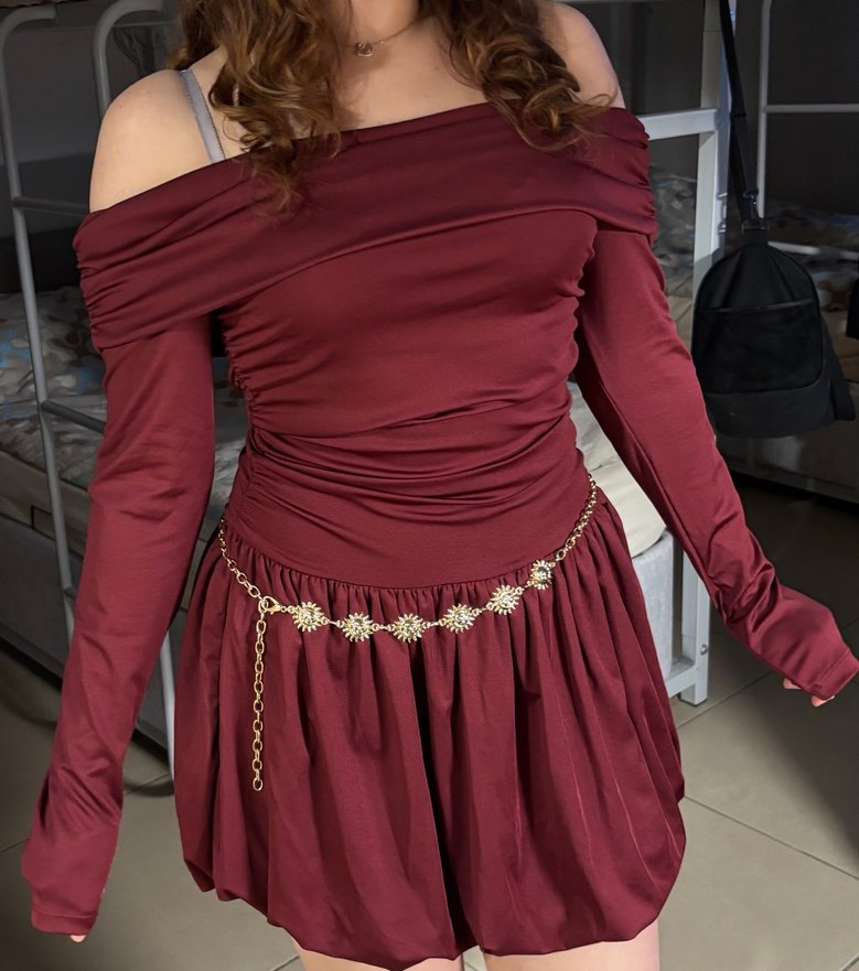 Bordo Straplez Uzun Kollu Balon Mini Elbise - Görsel 2