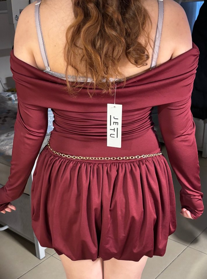 Bordo Straplez Uzun Kollu Balon Mini Elbise - Görsel 3