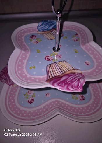 Pembe Pastel Desenli İkili Katlı Servis Tabağı - Görsel 2