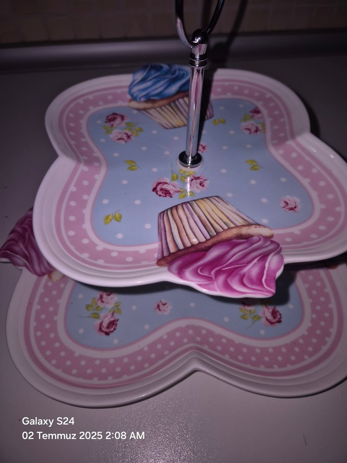Pembe Pastel Desenli İkili Katlı Servis Tabağı - Görsel 2