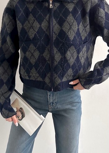 Gri Ekose Desenli Örgü Kadın Triko - Görsel 2