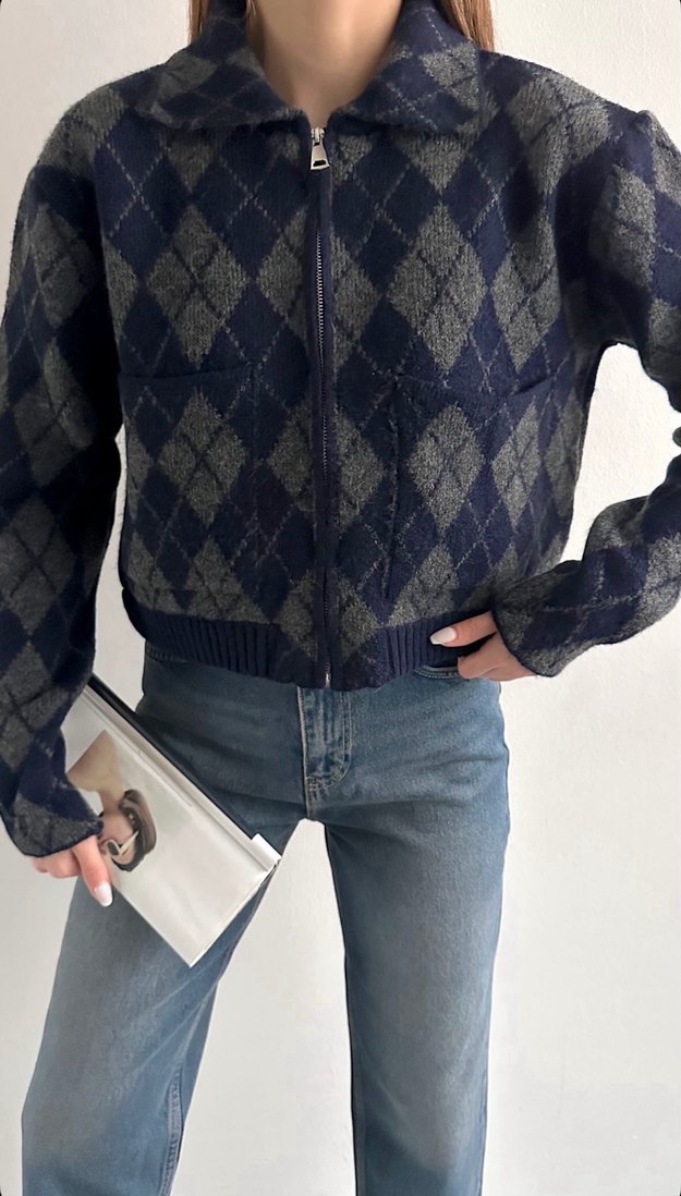 Gri Ekose Desenli Örgü Kadın Triko - Görsel 2