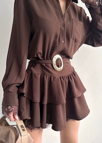 Bohem Tarzı Kahverengi Mini Deri Elbise - Görsel 2