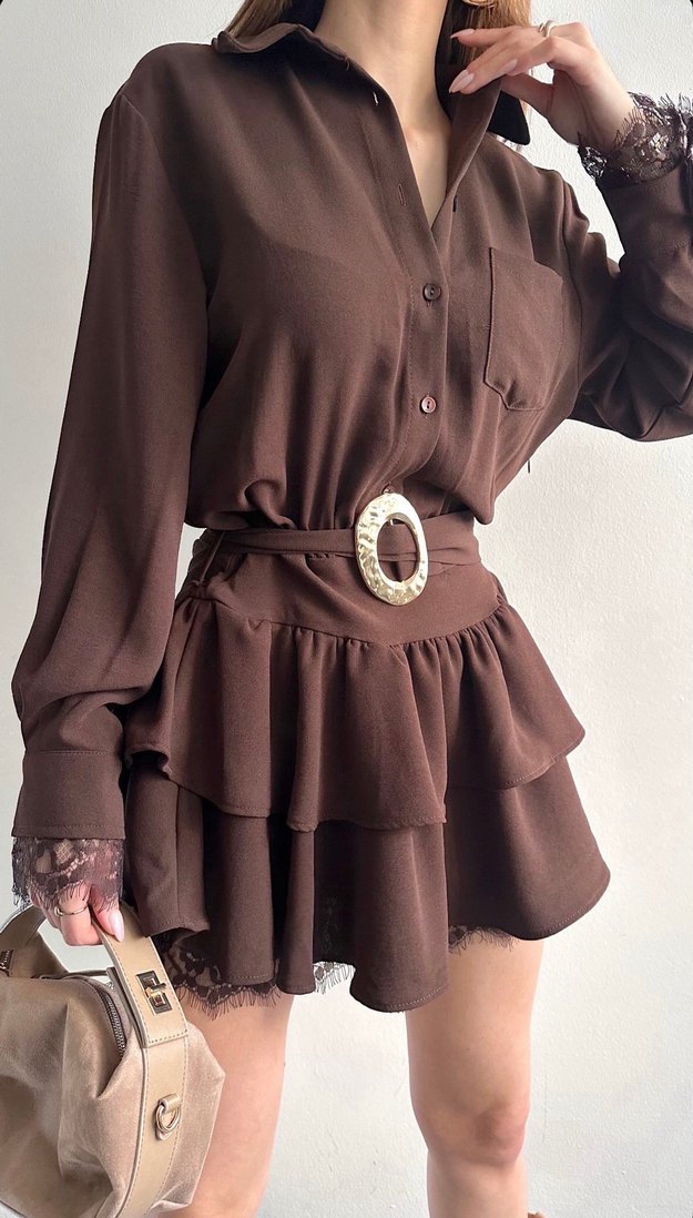 Bohem Tarzı Kahverengi Mini Deri Elbise - Görsel 2