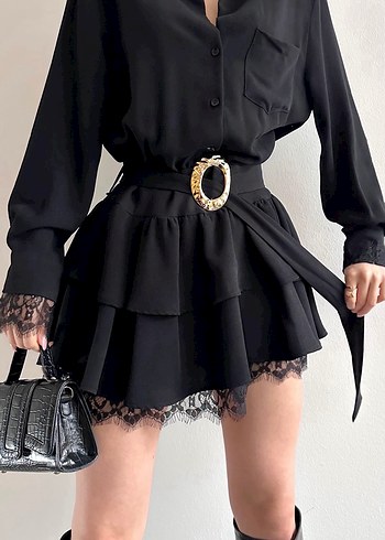 Siyah Deri Kemerli Mini Elbise - Görsel 2