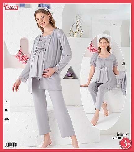 Gri Dantelli Düğmeli 3?Lü Kısa Kol Sabahlıklı Hamile Pijama Tak