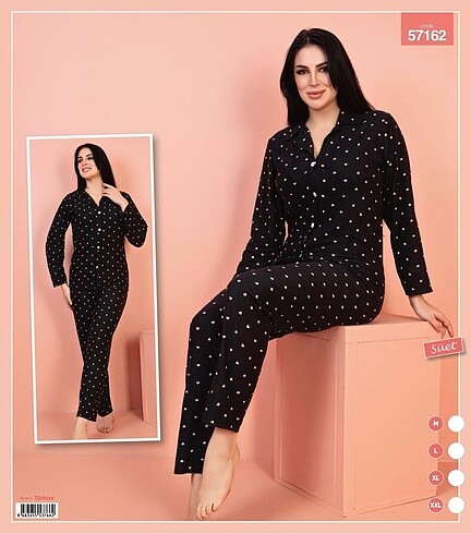 Siyah Pembe Kalpli Önden Düğmeli Pijama Takımı