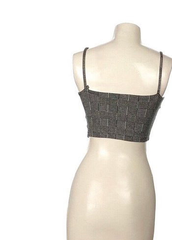 Düğmeli Ekose Desenli Gri Crop Top