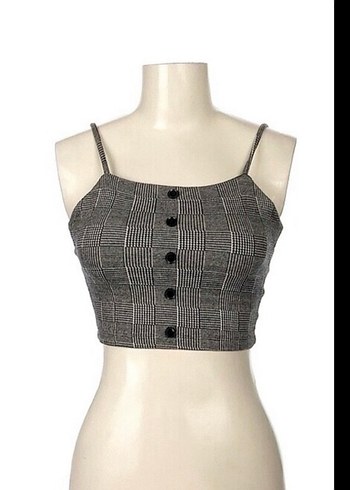 m Beden gri Renk Düğmeli Ekose Desenli Gri Crop Top