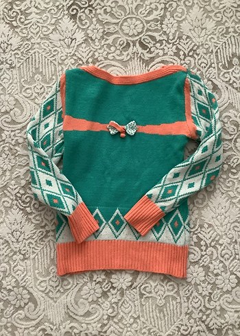 Turkuaz Retro Desenli Triko Kadın Kazak - Görsel 2