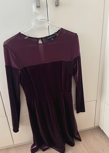 Forever New Bordo Kadife Mini Yaka Uzun Kollu Elbise