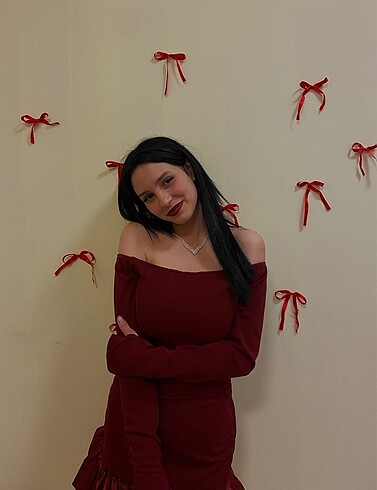 s Beden bordo Renk Kayık yaka balon elbise