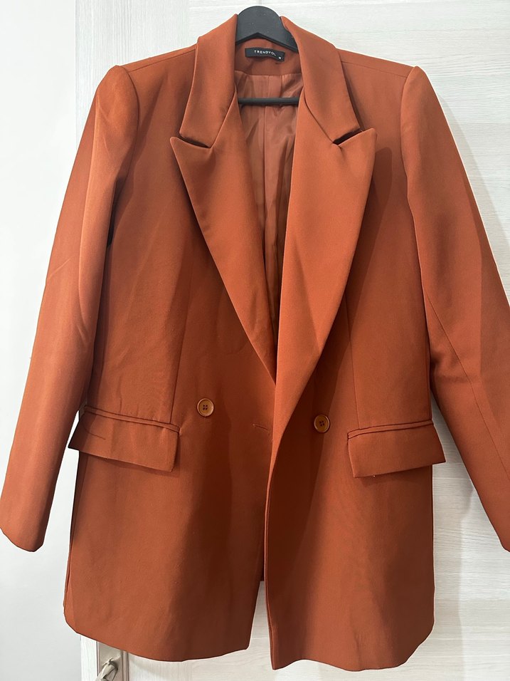 Düğmeli Kahverengi Deri Kadın Blazer Ceket - Görsel 2