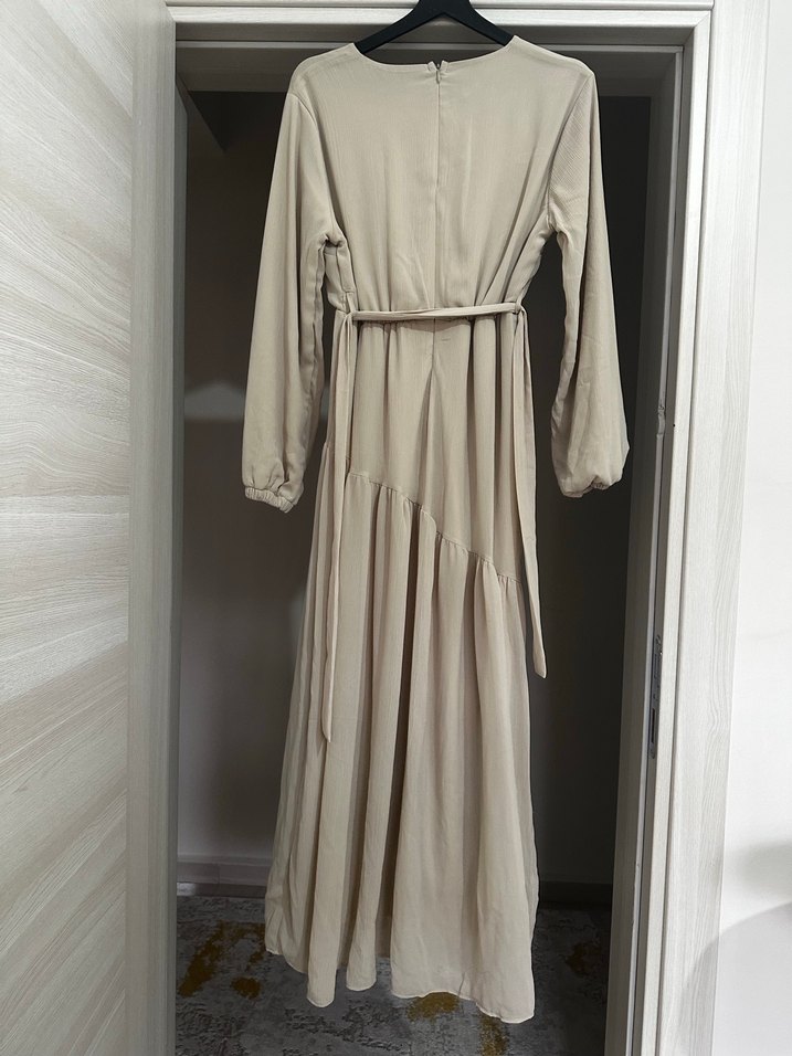 Bej Uzun Elbise, Salaş Kesim, Keten Kumaş - Görsel 2
