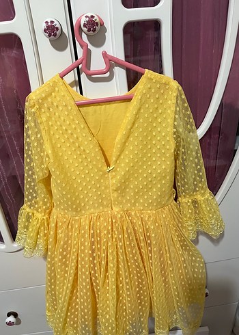 Sarı Kız Çocuk Uzun Kollu Fırfırlı Elbise - Görsel 3