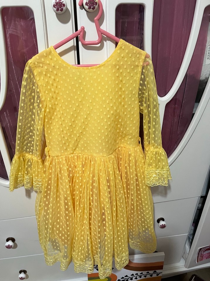 Sarı Kız Çocuk Uzun Kollu Fırfırlı Elbise - Görsel 2